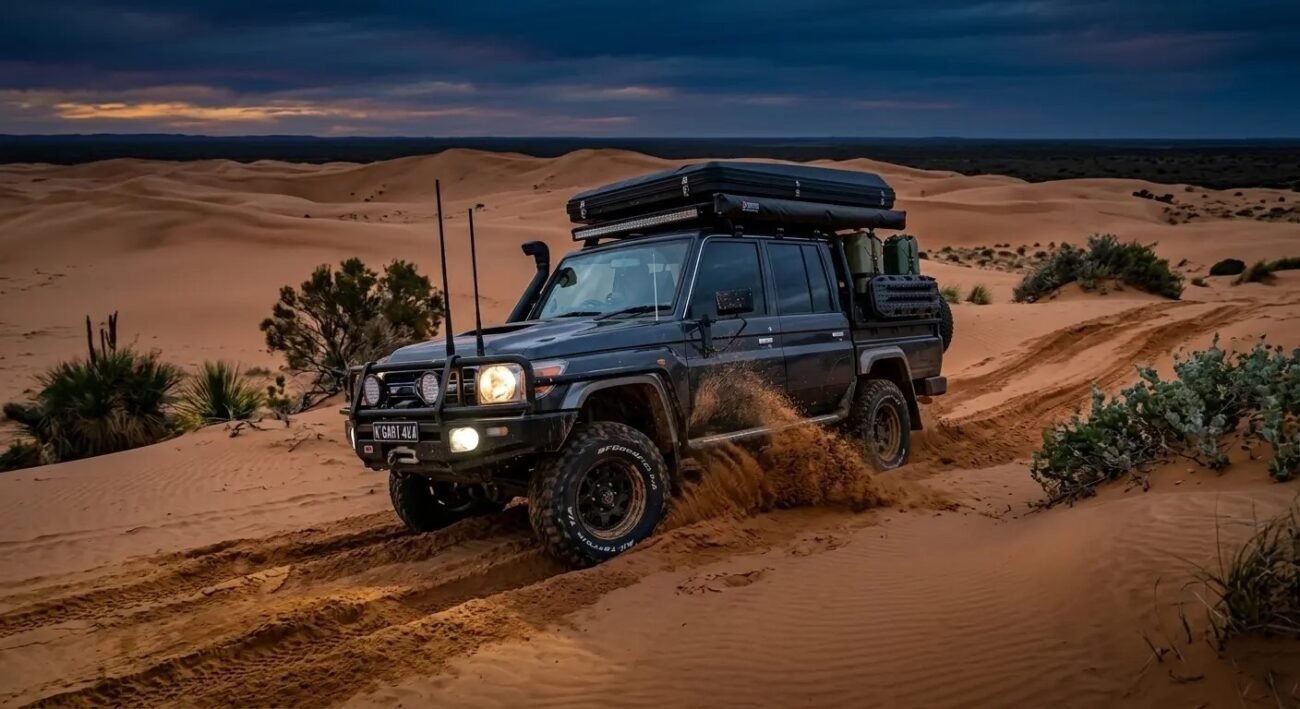4WD driving through soft sand dunes with a rooftop tent mounted on top