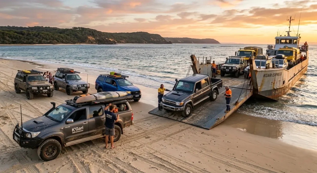 4WD vehicles boarding a beach barge ferry, drivers preparing for island access