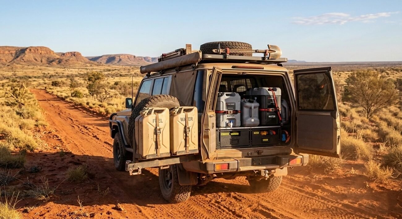 A 4WD equipped for overlanding with jerry cans mounted on rear rack and water storage containers