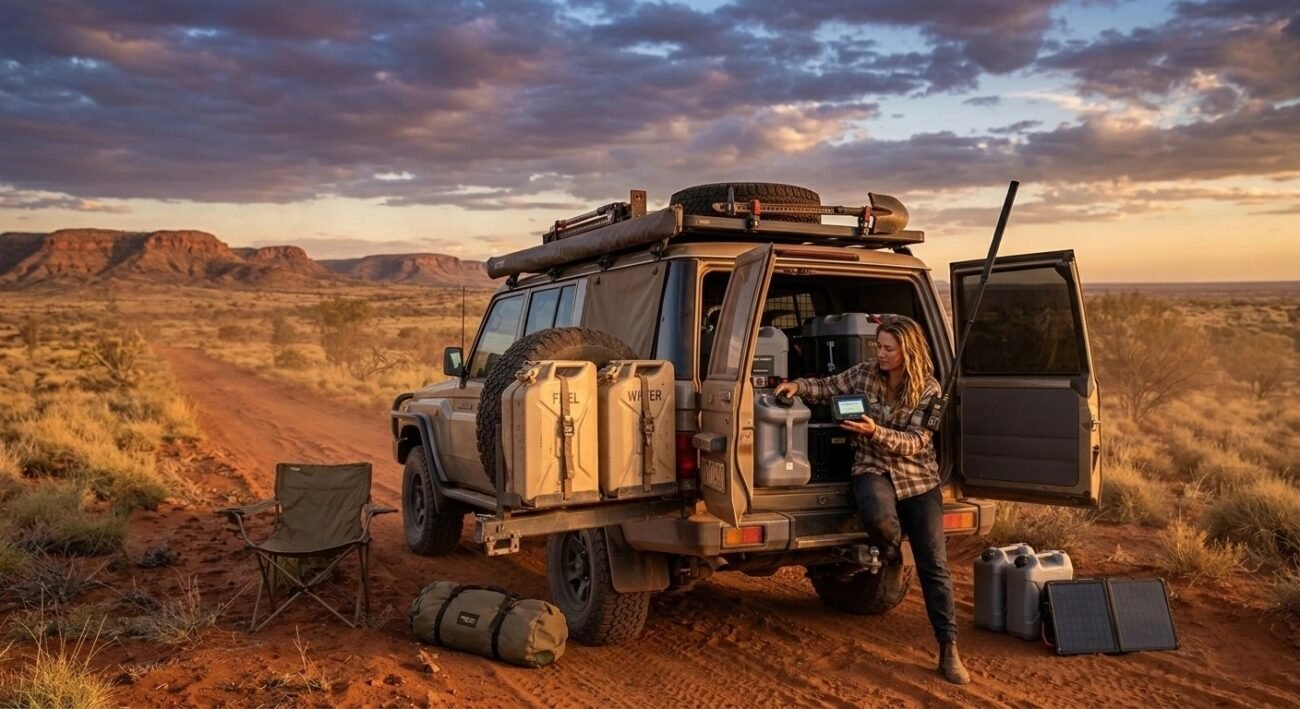 A camper in the Australian outback using a satellite communicator device next to a 4WD