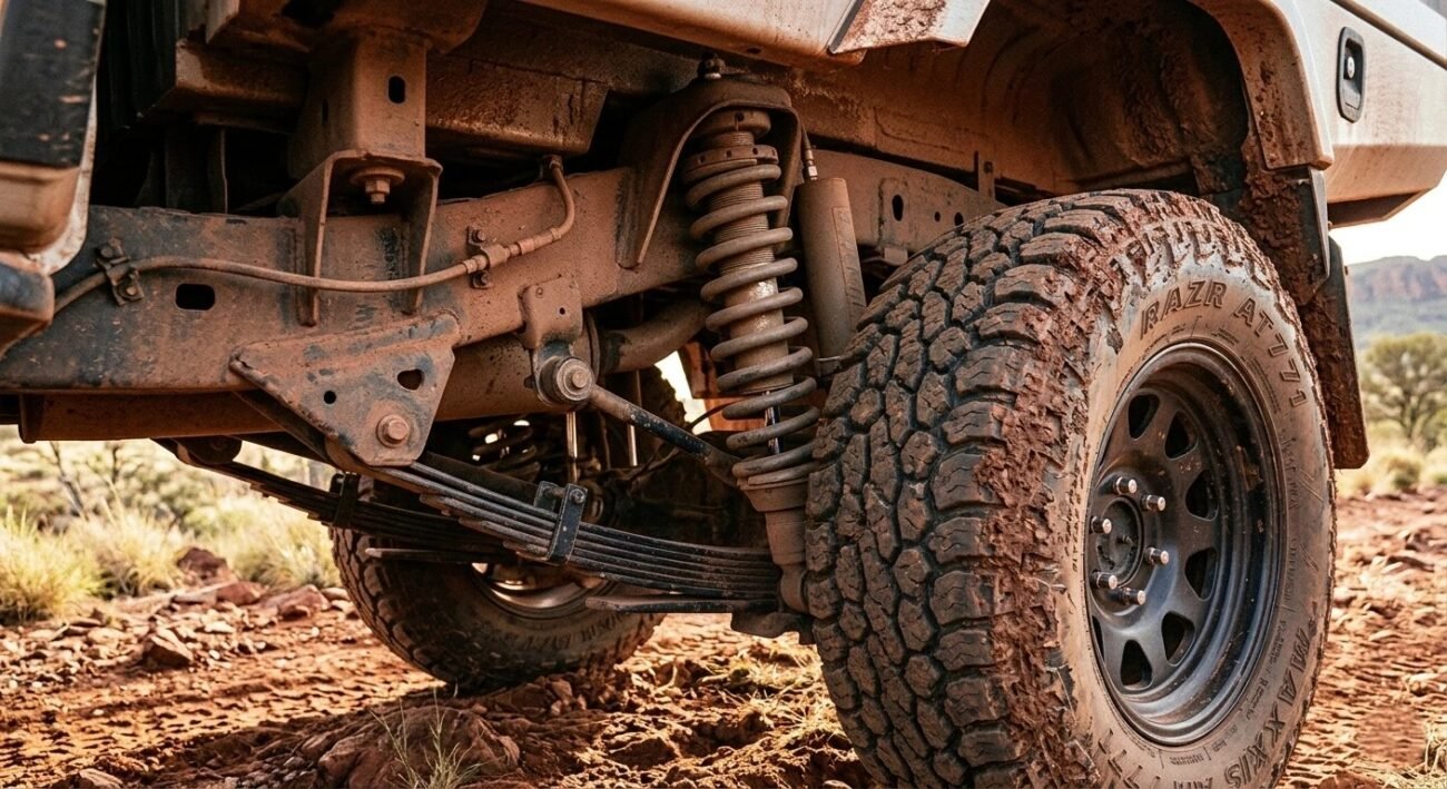 Close-up of a 4WD suspension system and all-terrain tyres on a lifted vehicle
