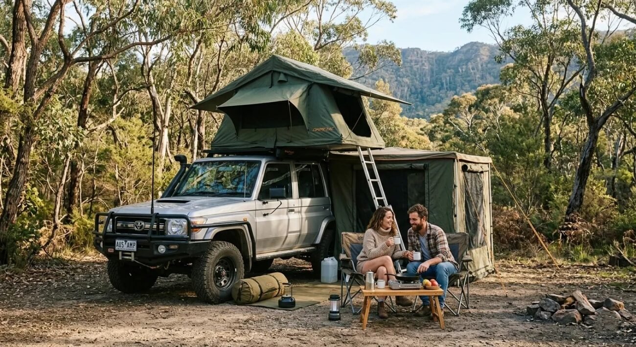 Couple enjoying a quiet, secluded rooftop tent campsite in the Australian bush