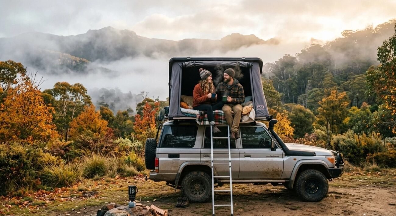 Couple in rooftop tent camping in alpine region of Australia