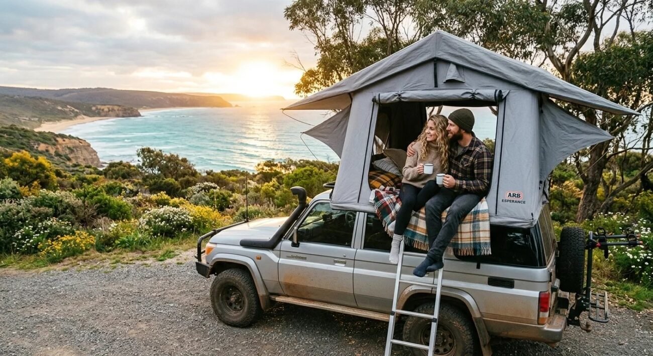 Couple in rooftop tent enjoying sunrise or sunset in iconic Australian landscape