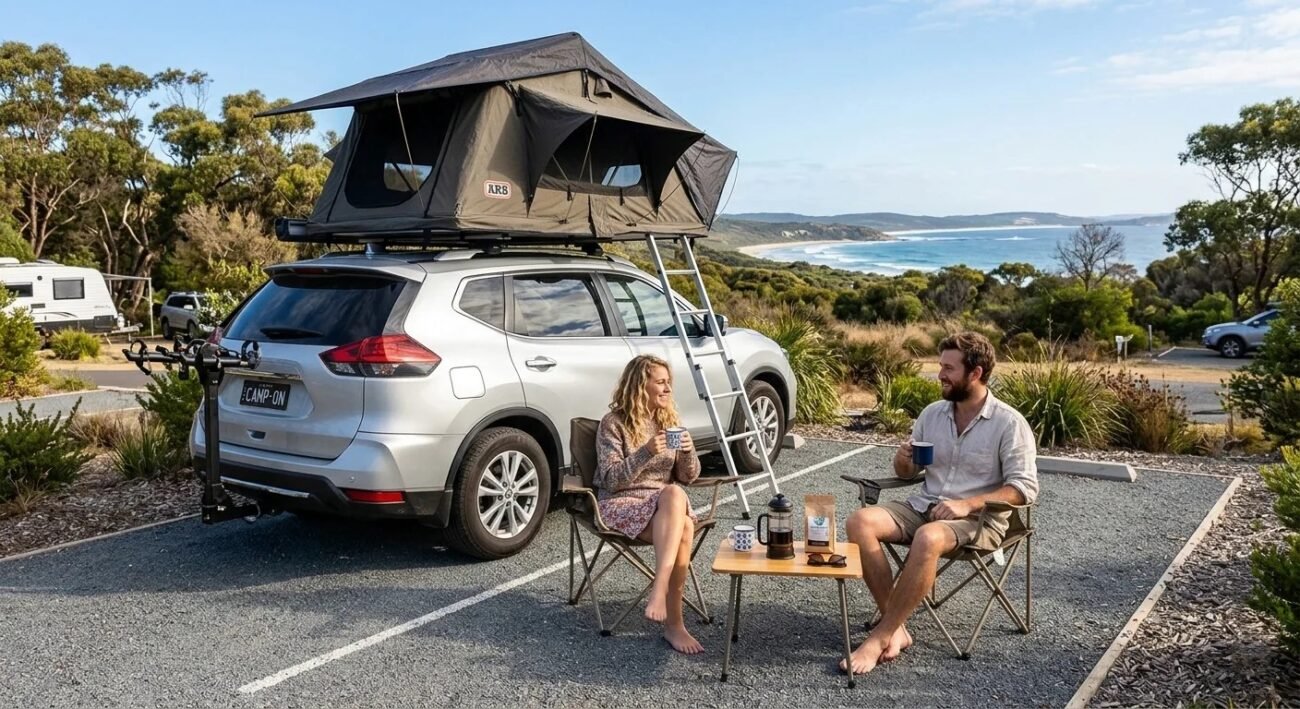 Couple in rooftop tent on standard SUV parked at well-maintained gravel campsite