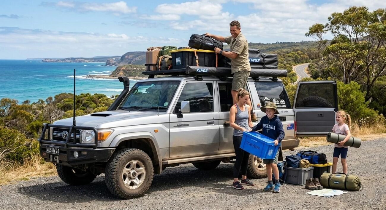 Family loading rooftop tent and camping gear onto SUV for a multi-stop road trip across Australia