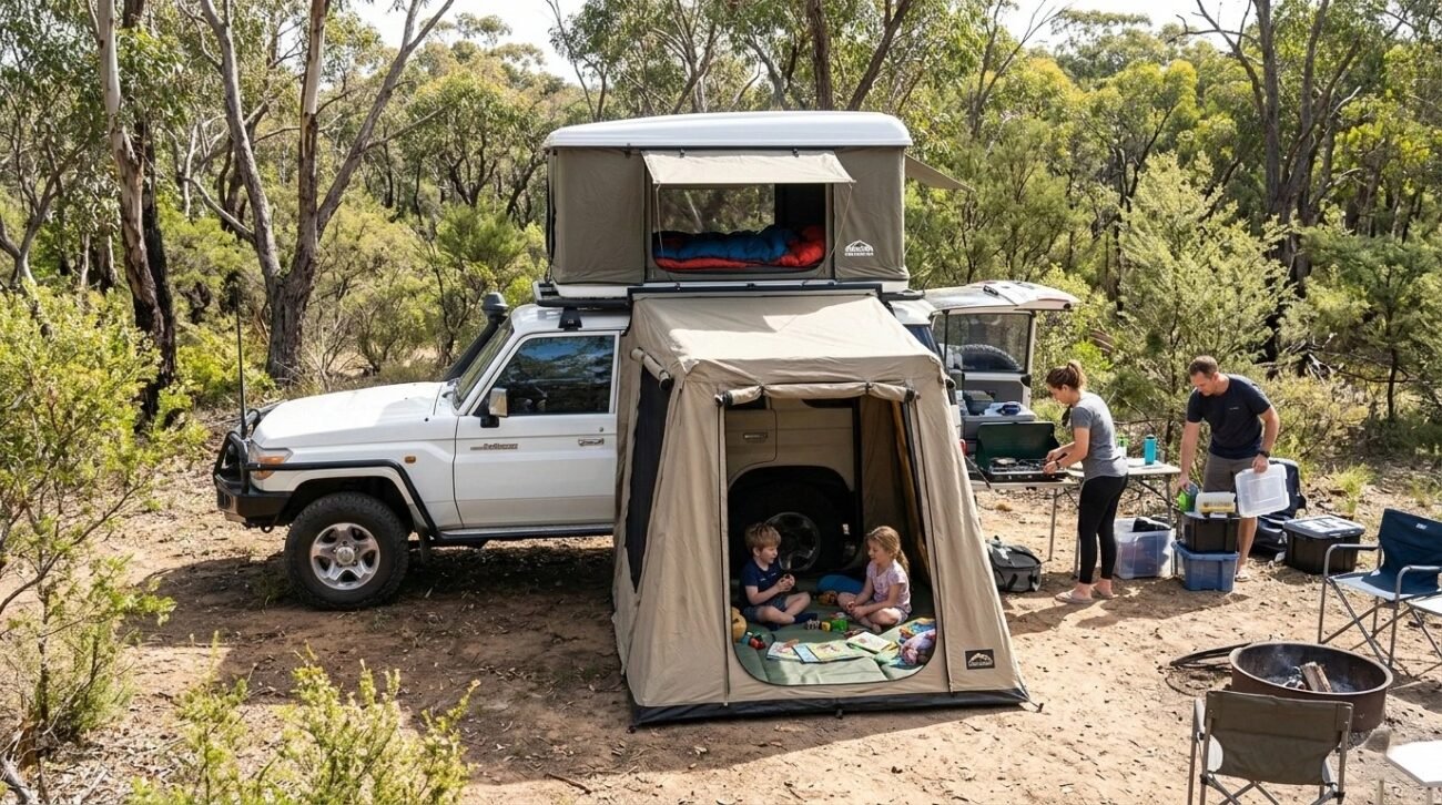 Family of four camping with rooftop tent and annex in Australian bush