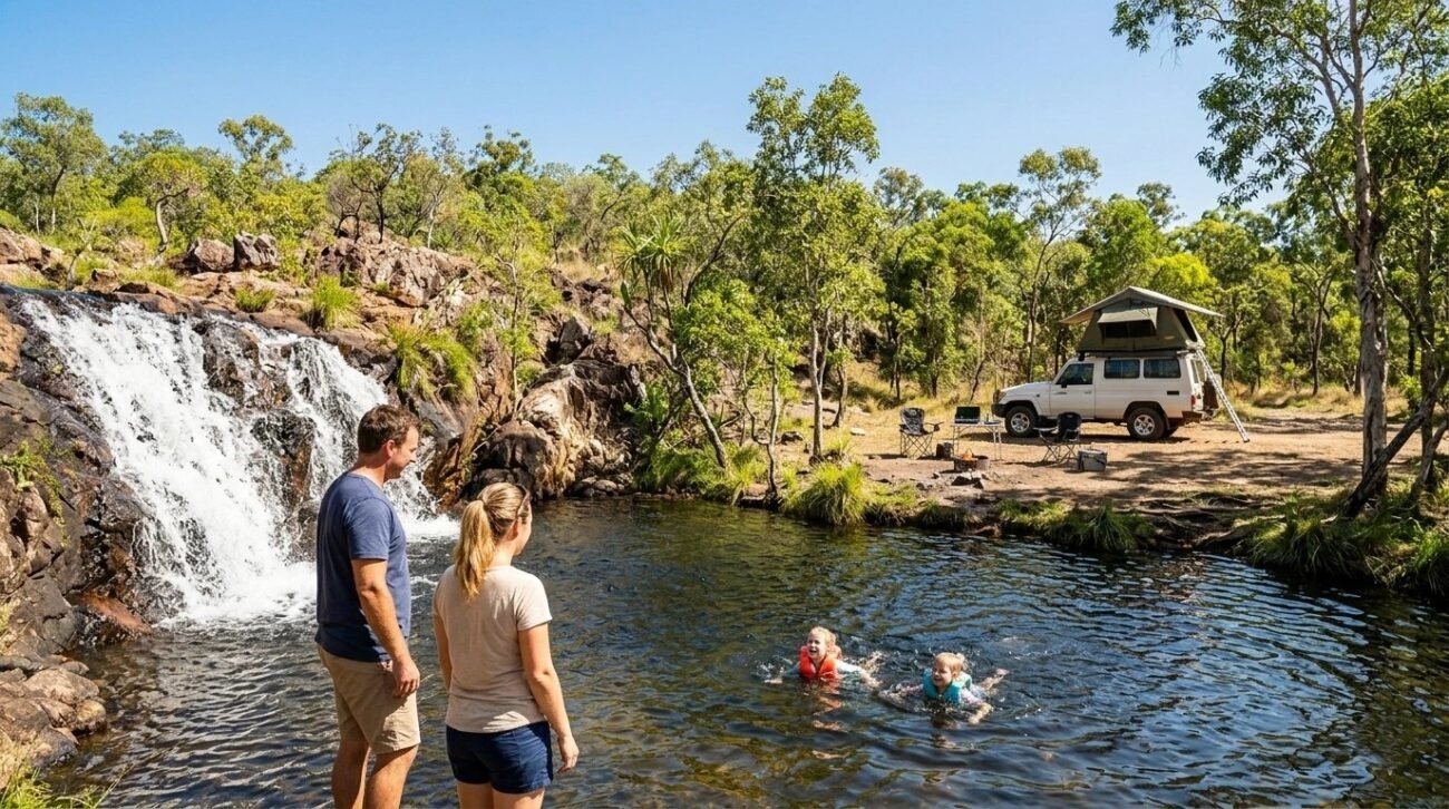 Family rooftop tent camping at Litchfield National Park waterfall