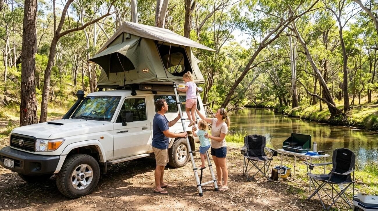 Family rooftop tent camping on flat shaded ground in Australia