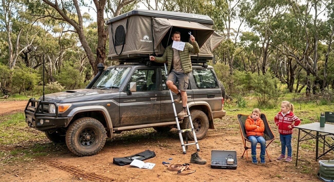 Parent struggling to set up rooftop tent in Australian bush while kids watch impatiently