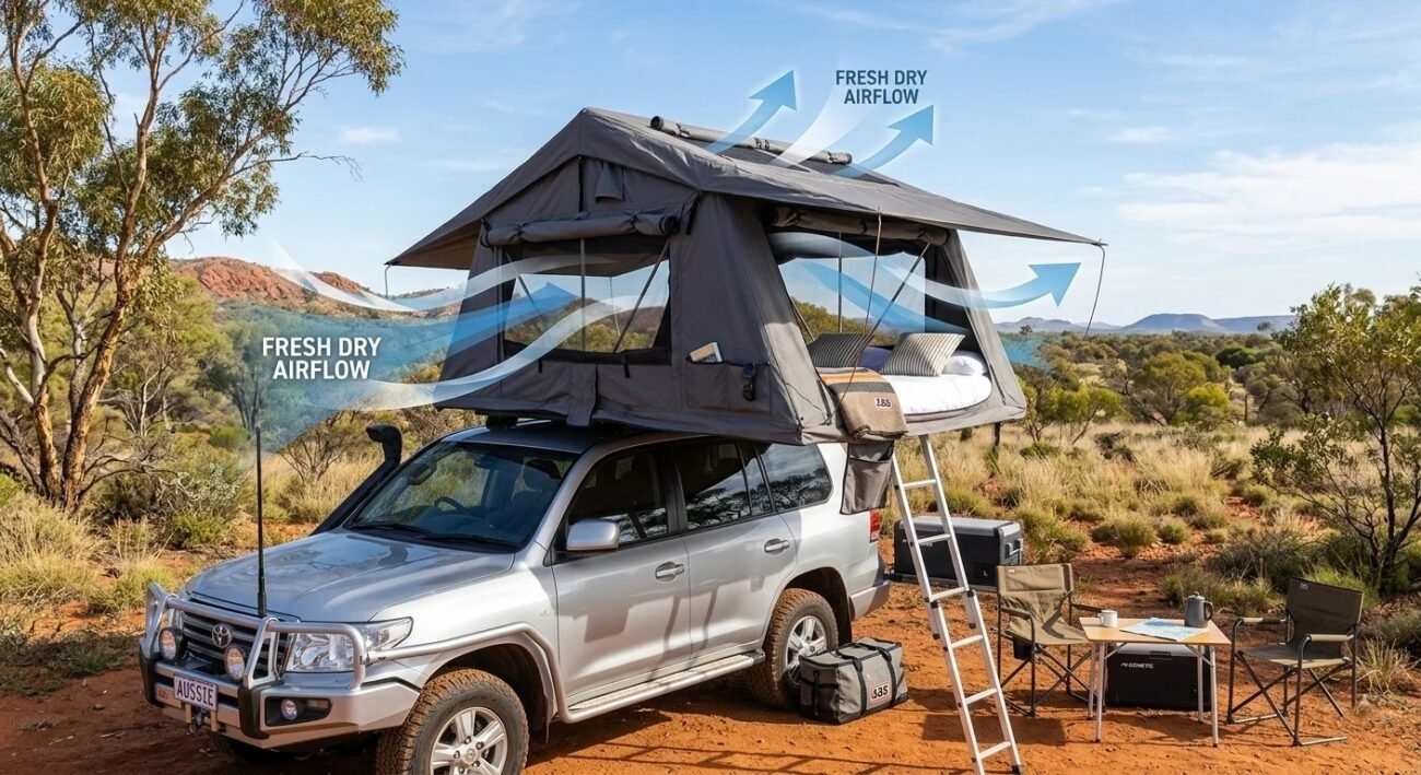 Roof top tent with multiple vents and windows open creating airflow