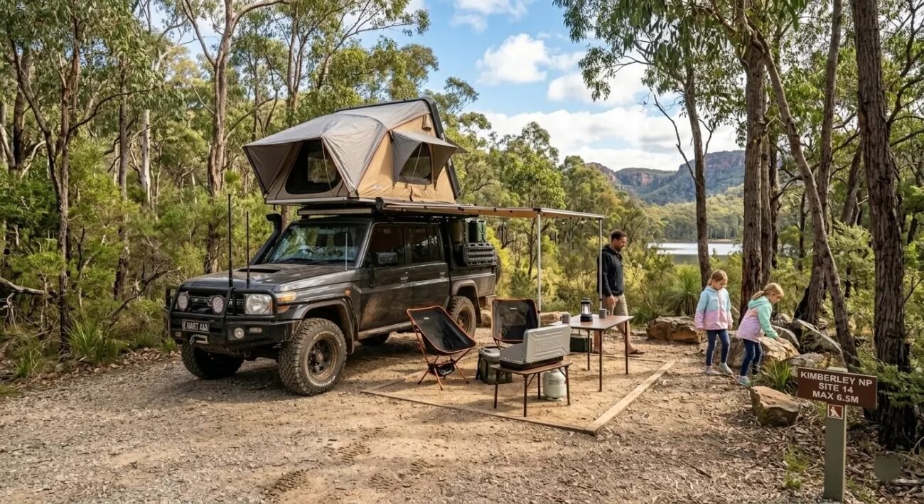 Rooftop tent parked at a drive-in campground in Australian national park