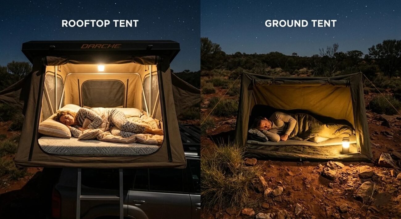 Split view of campsite at night, inside a roof top tent with thick mattress and cozy bedding