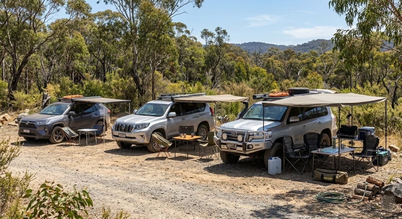 Three SUVs of different sizes parked side by side in Australian bushland