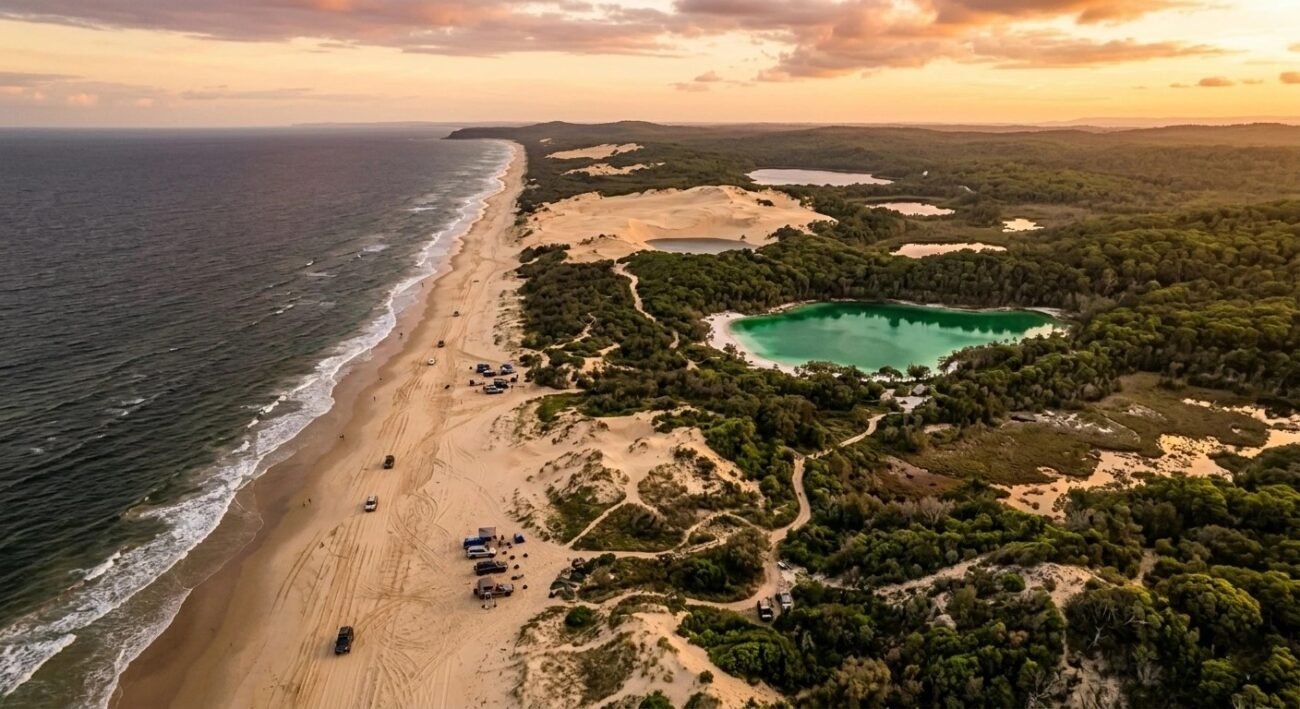 aerial map-style view of K'gari island coastline with 4WD travel path along beach