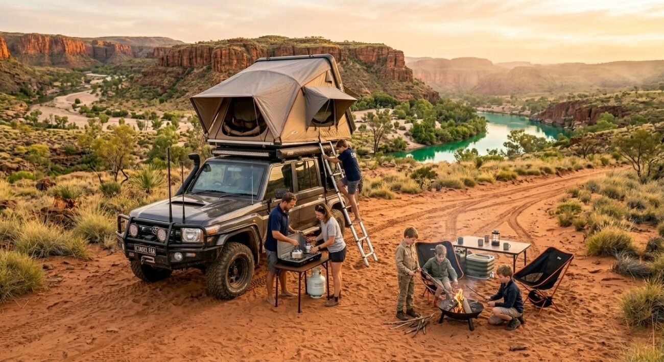 family with kids around rooftop tent on 4WD
