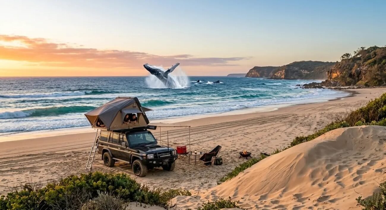 humpback whale breaching in the ocean near a sandy beach with a rooftop tent campsite