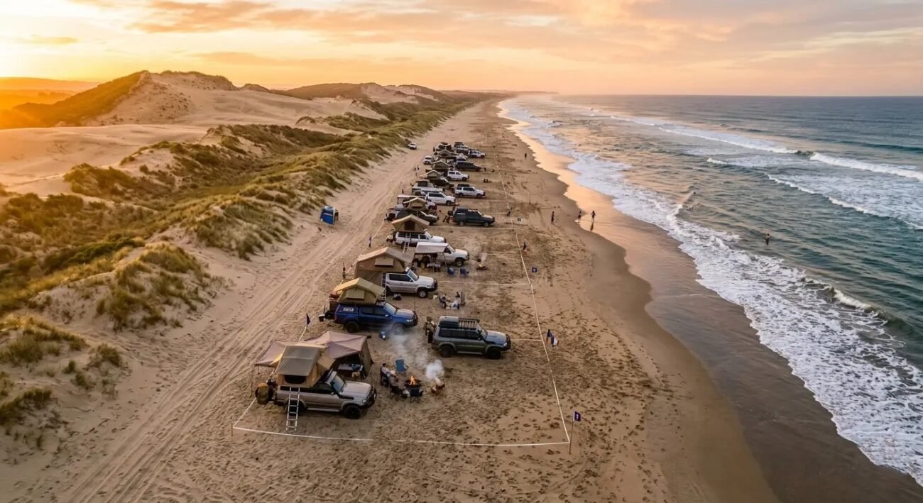 multiple 4WD vehicles camping along a long sandy beach with rooftop tents