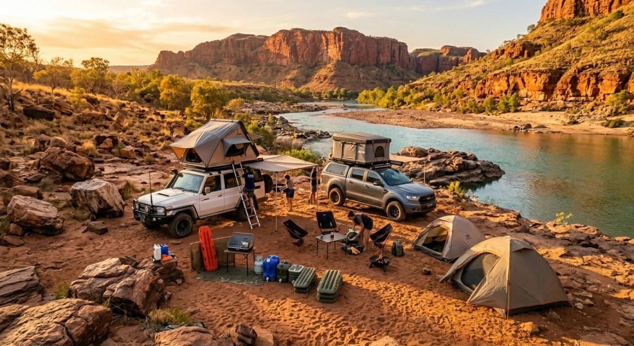 rooftop tent campsite near Kimberley river, golden dry-season sunlight