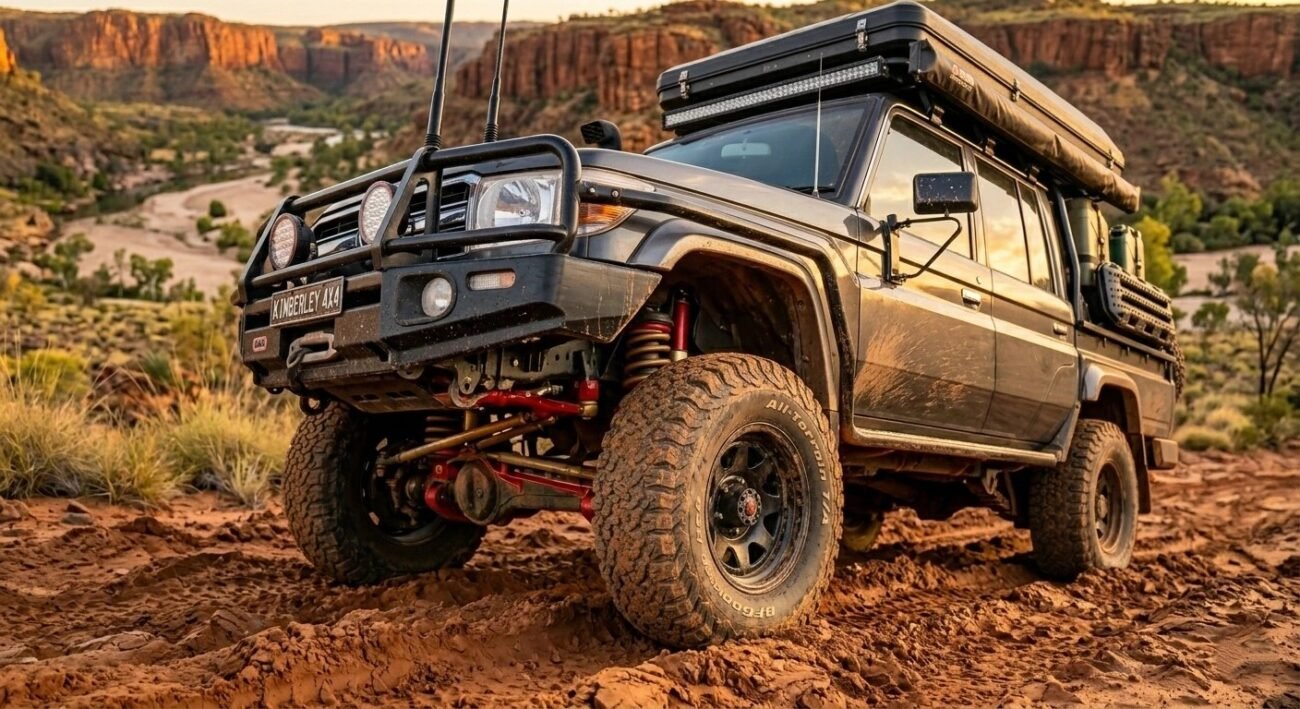 rugged 4WD with rooftop tent, lifted suspension, all-terrain tyres close-up, Kimberley outback dirt, cinematic, ultra realistic, 4k