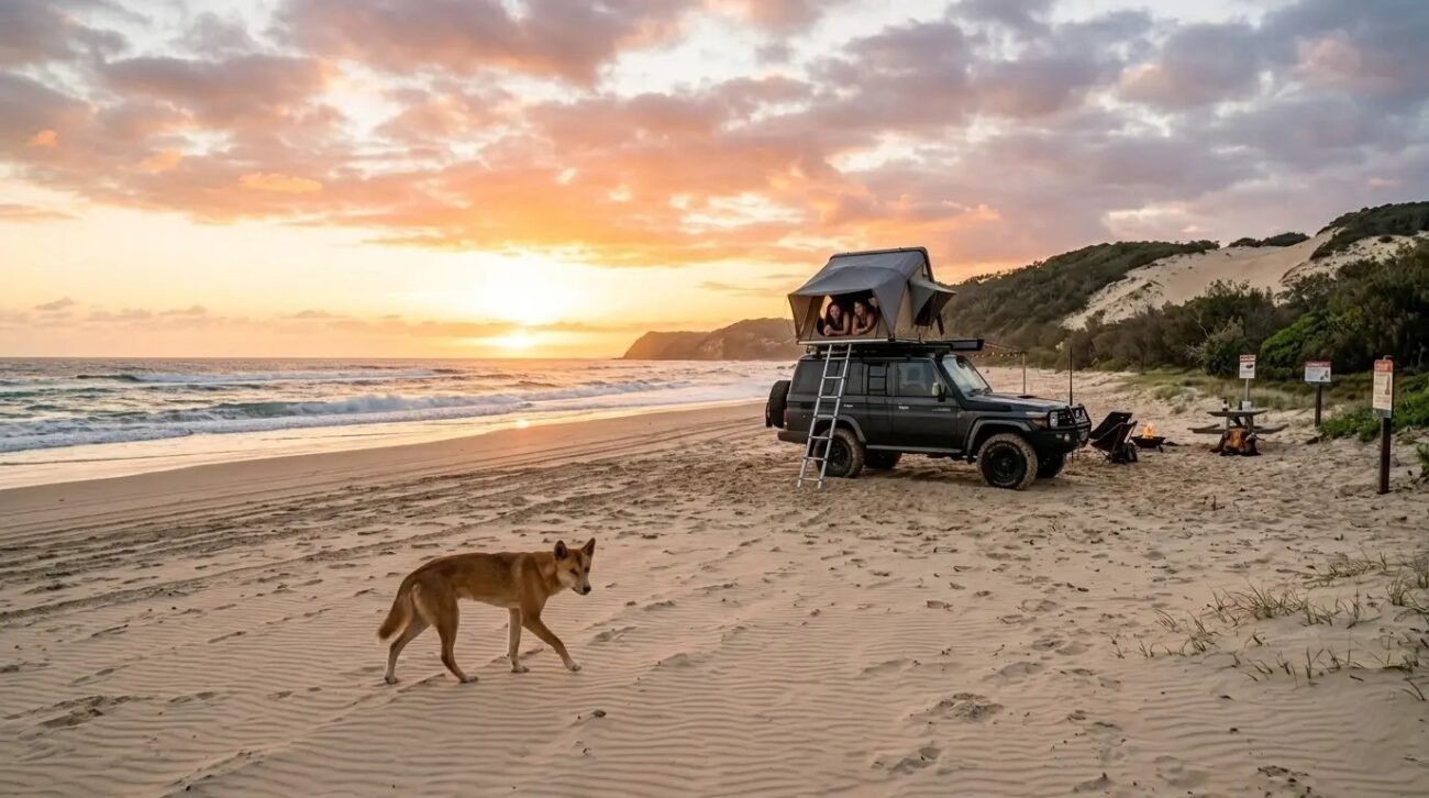 wild dingo walking near a beach campsite with a rooftop tent setup