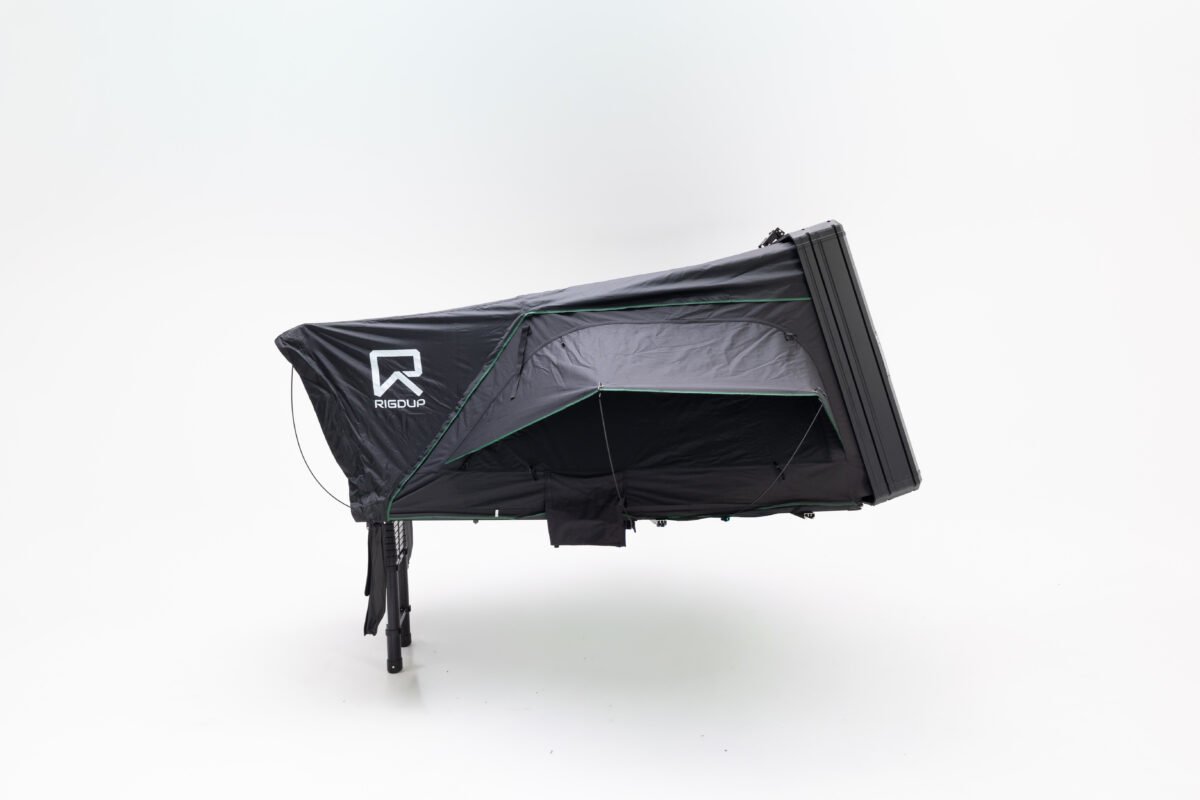 RIGDUP 1.8 soft-shell rooftop tent open side view with RIGDUP logo